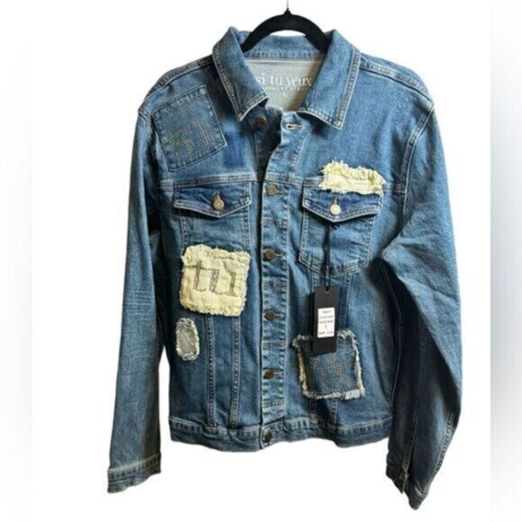NWT Si Ti Veux Women’s Blue Jean Jacket Embellished- Size Large - Picture 1 of 8